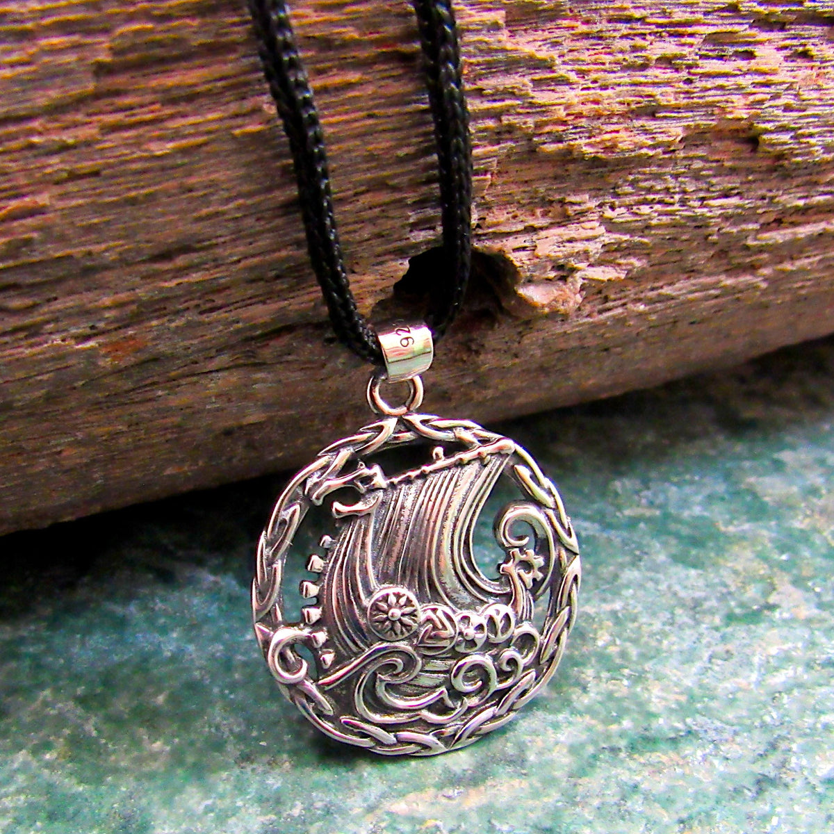 925 Viking Ship Pendant Necklace - Solid Sterling Silver Norse Longboat Ocean Scene Amulet