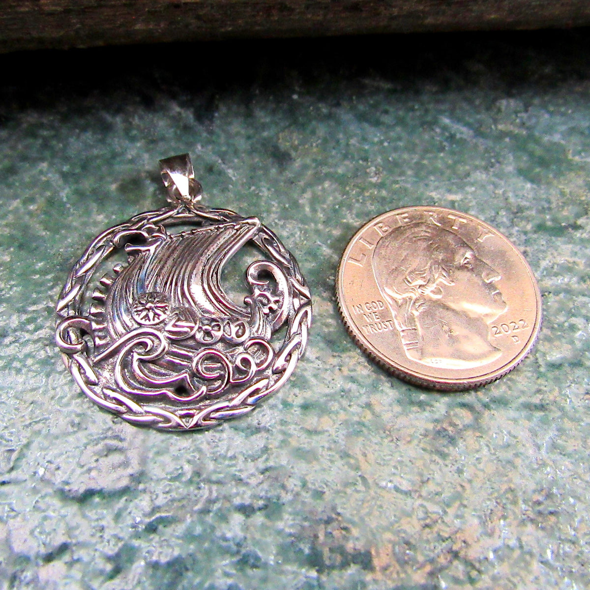 925 Viking Ship Pendant Necklace - Solid Sterling Silver Norse Longboat Ocean Scene Amulet