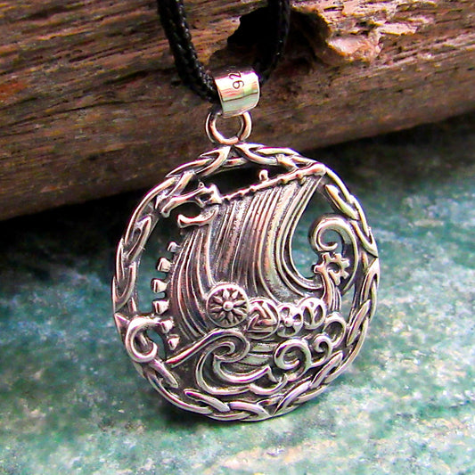 925 Viking Ship Pendant Necklace - Solid Sterling Silver Norse Longboat Ocean Scene Amulet