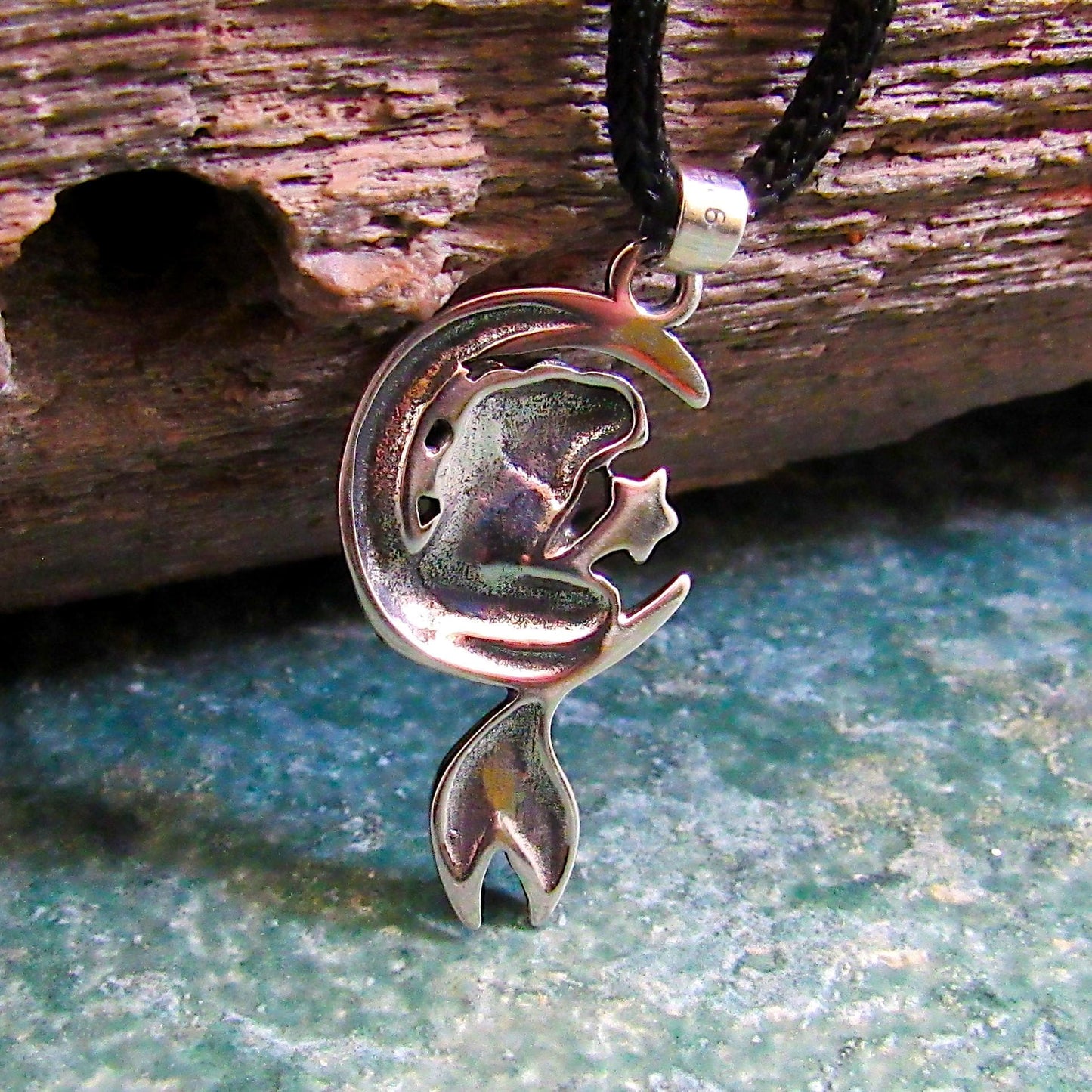925 Mermaid on Moon Pendant Necklace, Solid Sterling Silver Cosmic & Nautical Ocean Life Jewelry
