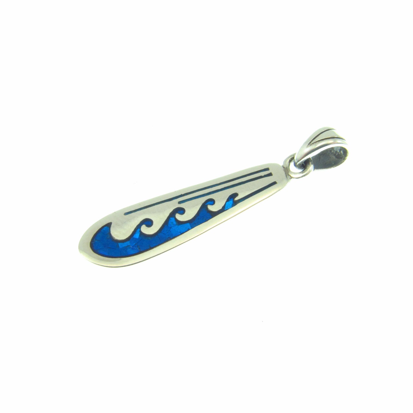Skimboard with Waves Pendant - Solid 925 Sterling Silver & Blue Enamel Nautical Jewelry Necklace