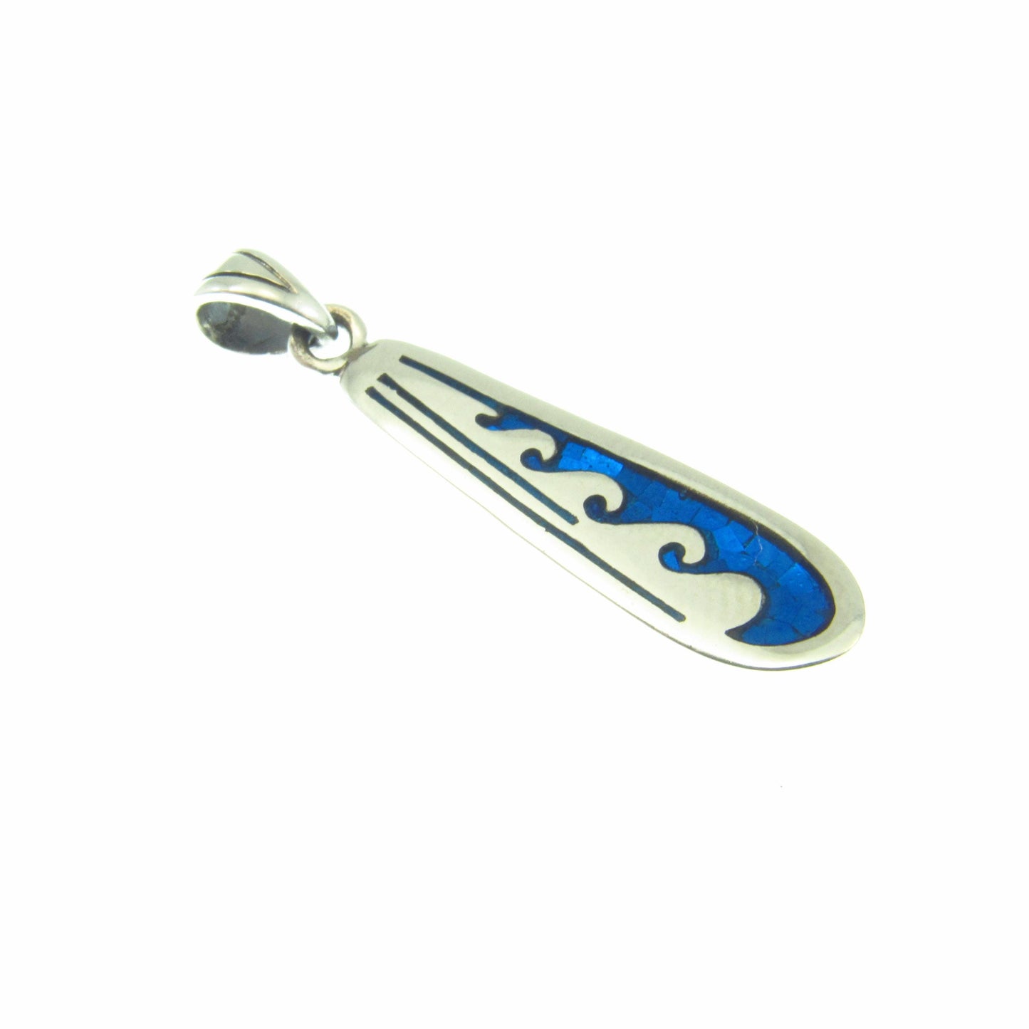 Skimboard with Waves Pendant - Solid 925 Sterling Silver & Blue Enamel Nautical Jewelry Necklace