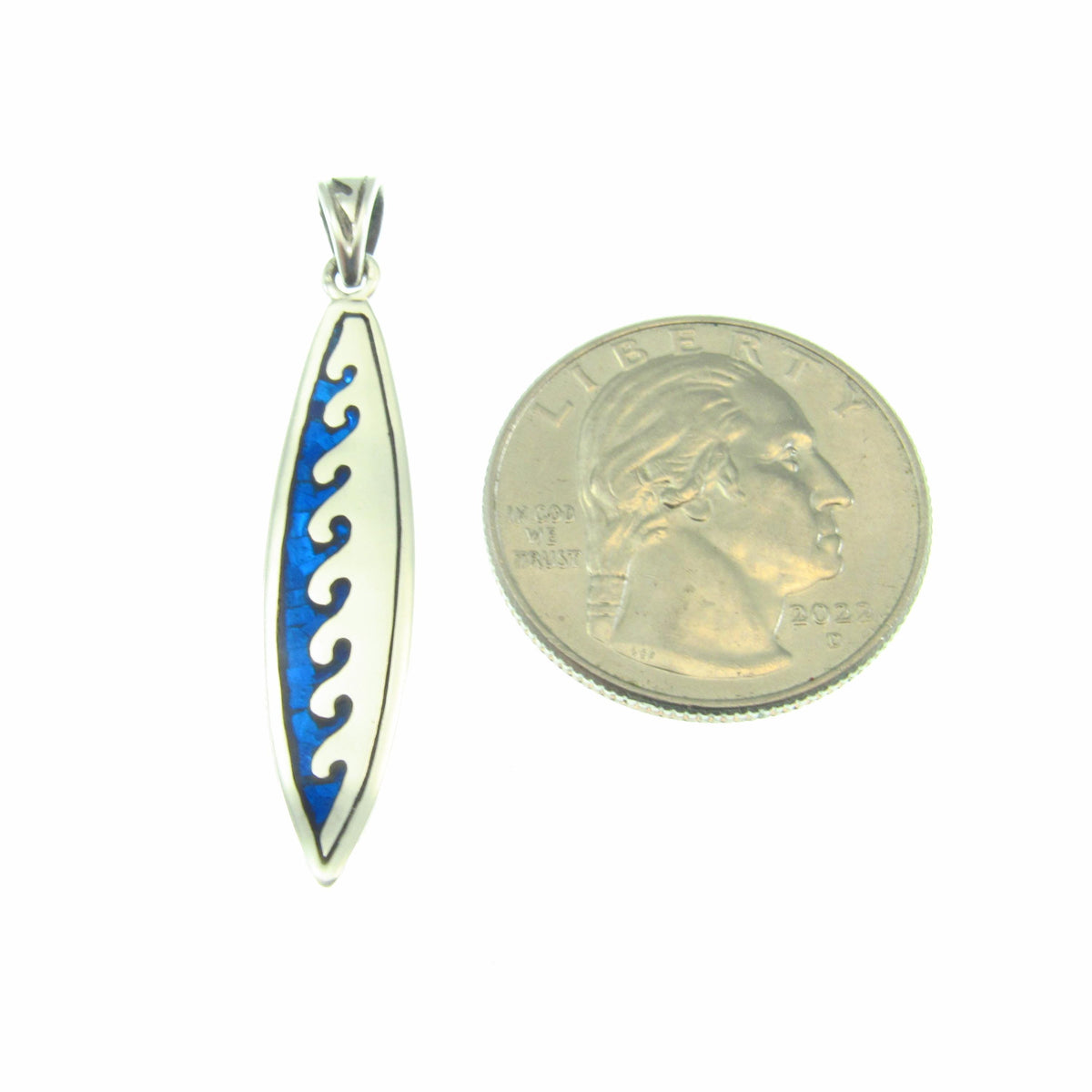 Surfboard with Waves Pendant - Solid 925 Sterling Silver & Blue Enamel Nautical Jewelry Necklace