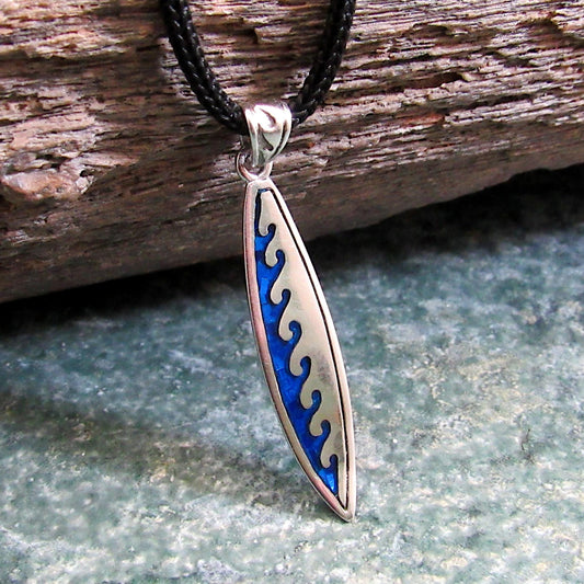 Surfboard with Waves Pendant - Solid 925 Sterling Silver & Blue Enamel Nautical Jewelry Necklace
