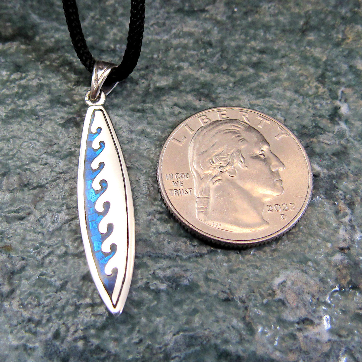 Surfboard with Waves Pendant - Solid 925 Sterling Silver & Blue Enamel Nautical Jewelry Necklace