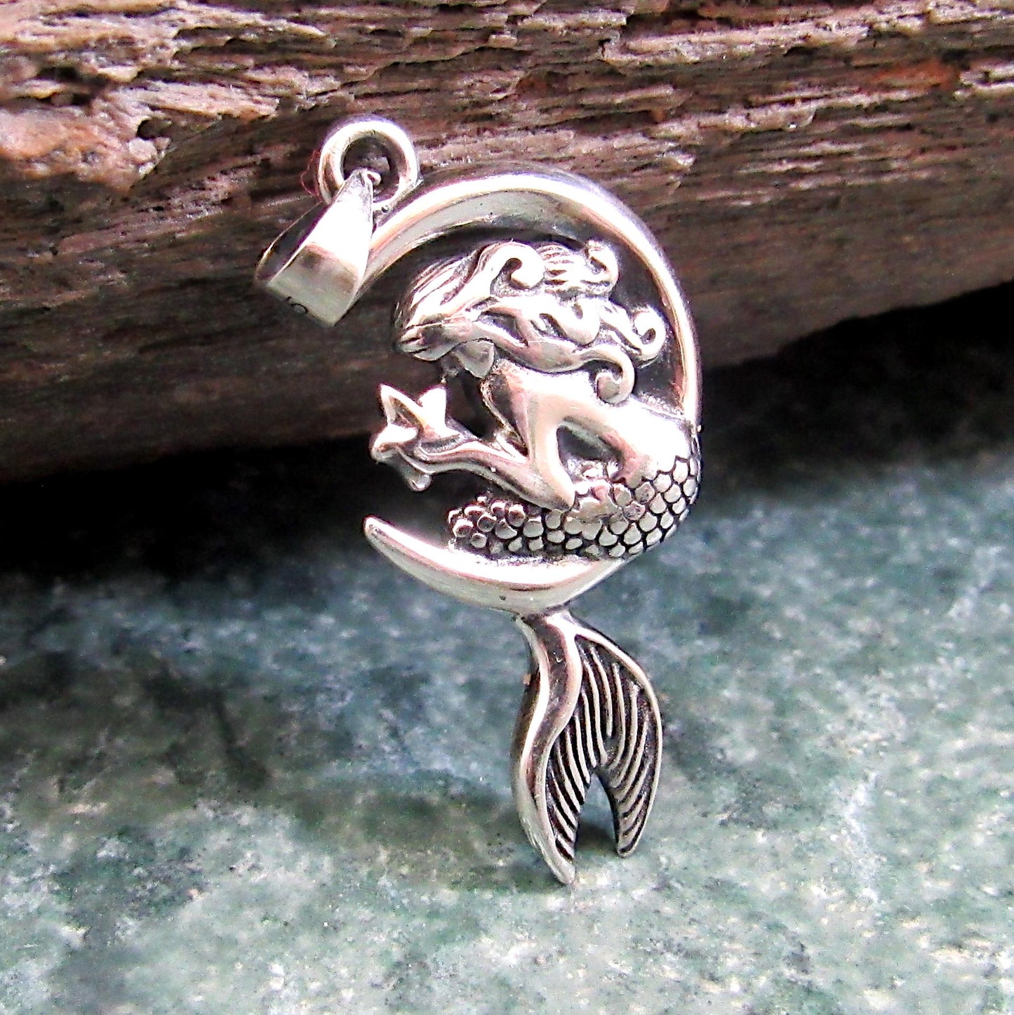 925 Mermaid on Moon Pendant Necklace, Solid Sterling Silver Cosmic & Nautical Ocean Life Jewelry