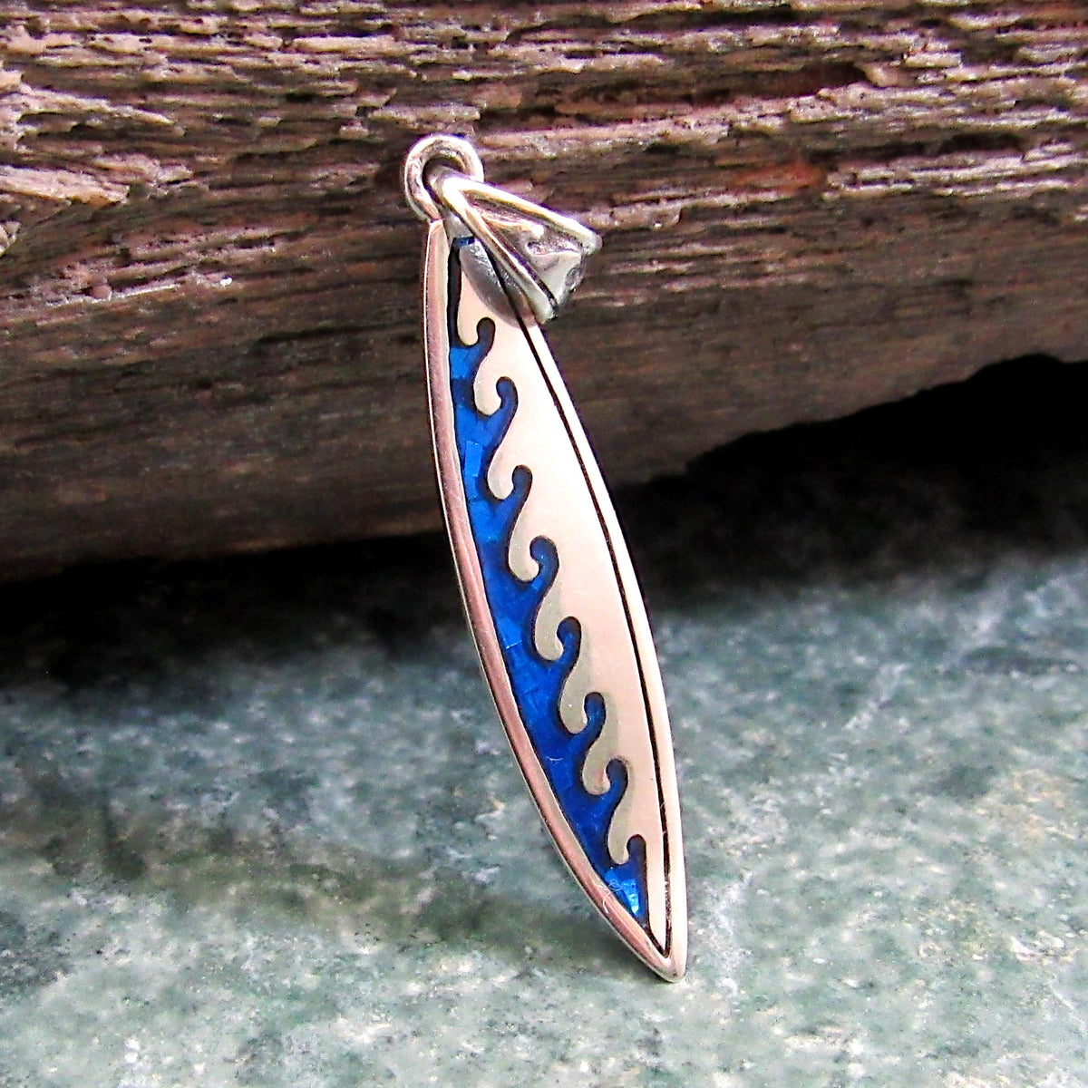 Surfboard with Waves Pendant - Solid 925 Sterling Silver & Blue Enamel Nautical Jewelry Necklace