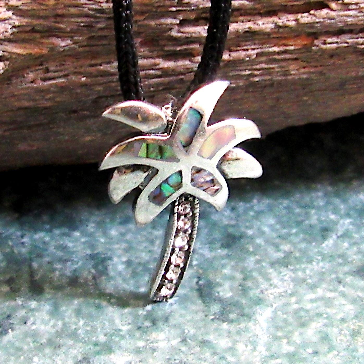 925 Abalone Shell Palm Tree Slide Pendant Necklace, Solid Sterling Silver Tropical Beach Jewelry