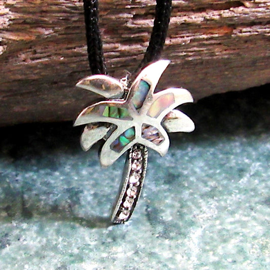 925 Abalone Shell Palm Tree Slide Pendant Necklace, Solid Sterling Silver Tropical Beach Jewelry