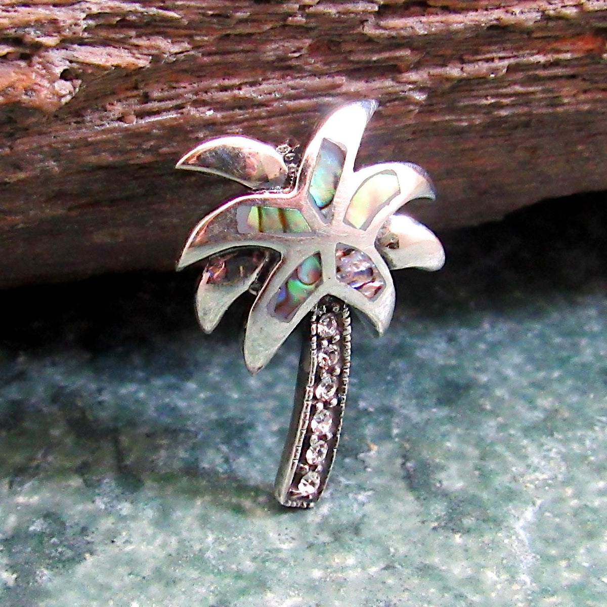 Solid 925 Sterling Silver Rainbow Paua Shell Palm Tree Slide Pendant, Handcrafted Abalone Shell Jewelry, Summer & Beach Interest