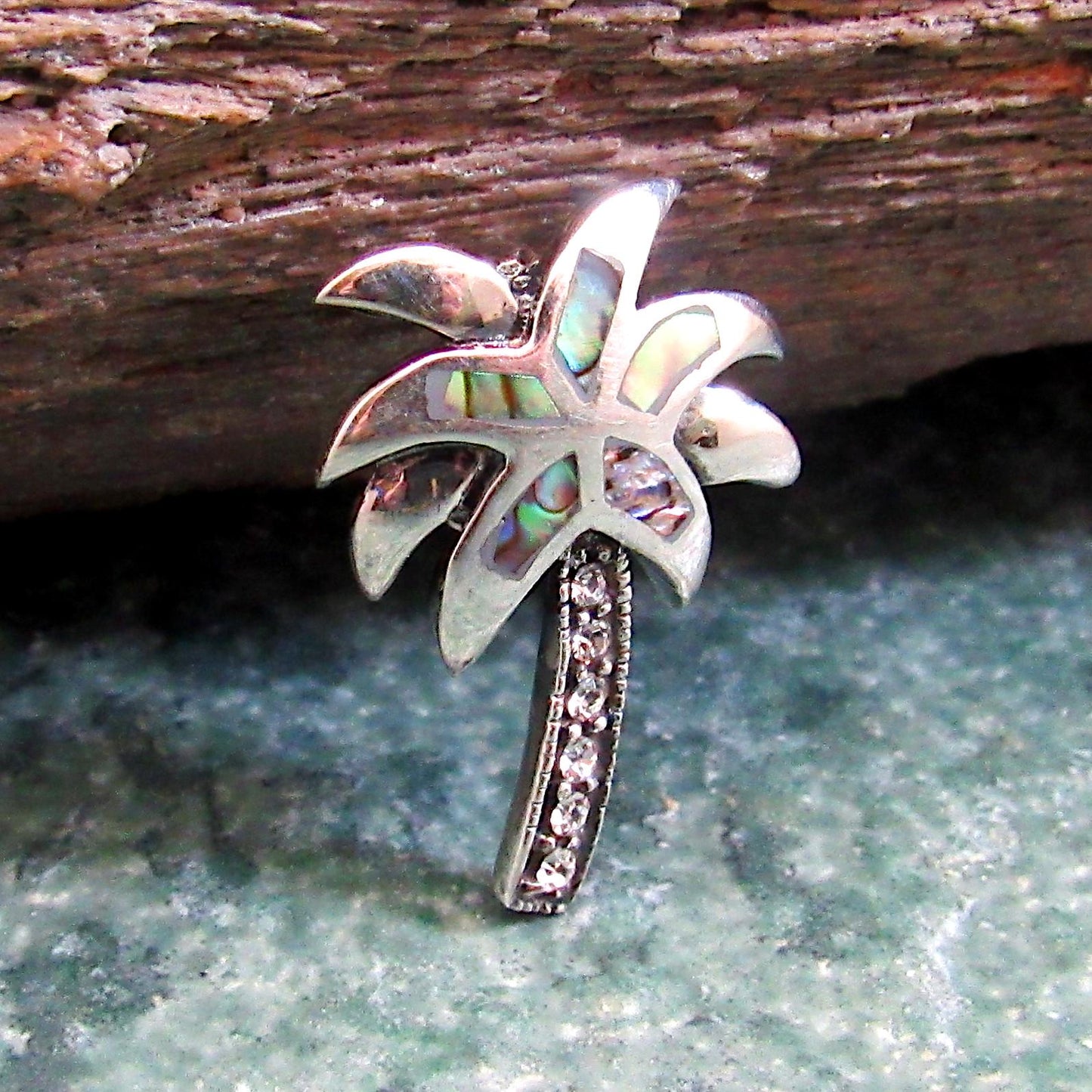 925 Abalone Shell Palm Tree Slide Pendant Necklace, Solid Sterling Silver Tropical Beach Jewelry