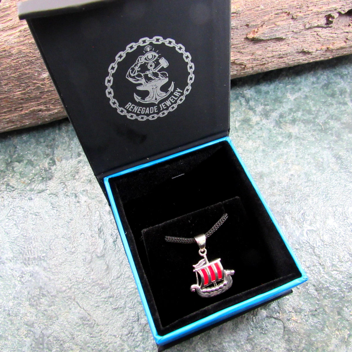 Solid 925 Sterling Silver Viking Ship Pendant with Red Enamel - Norse Longship Necklace Charm