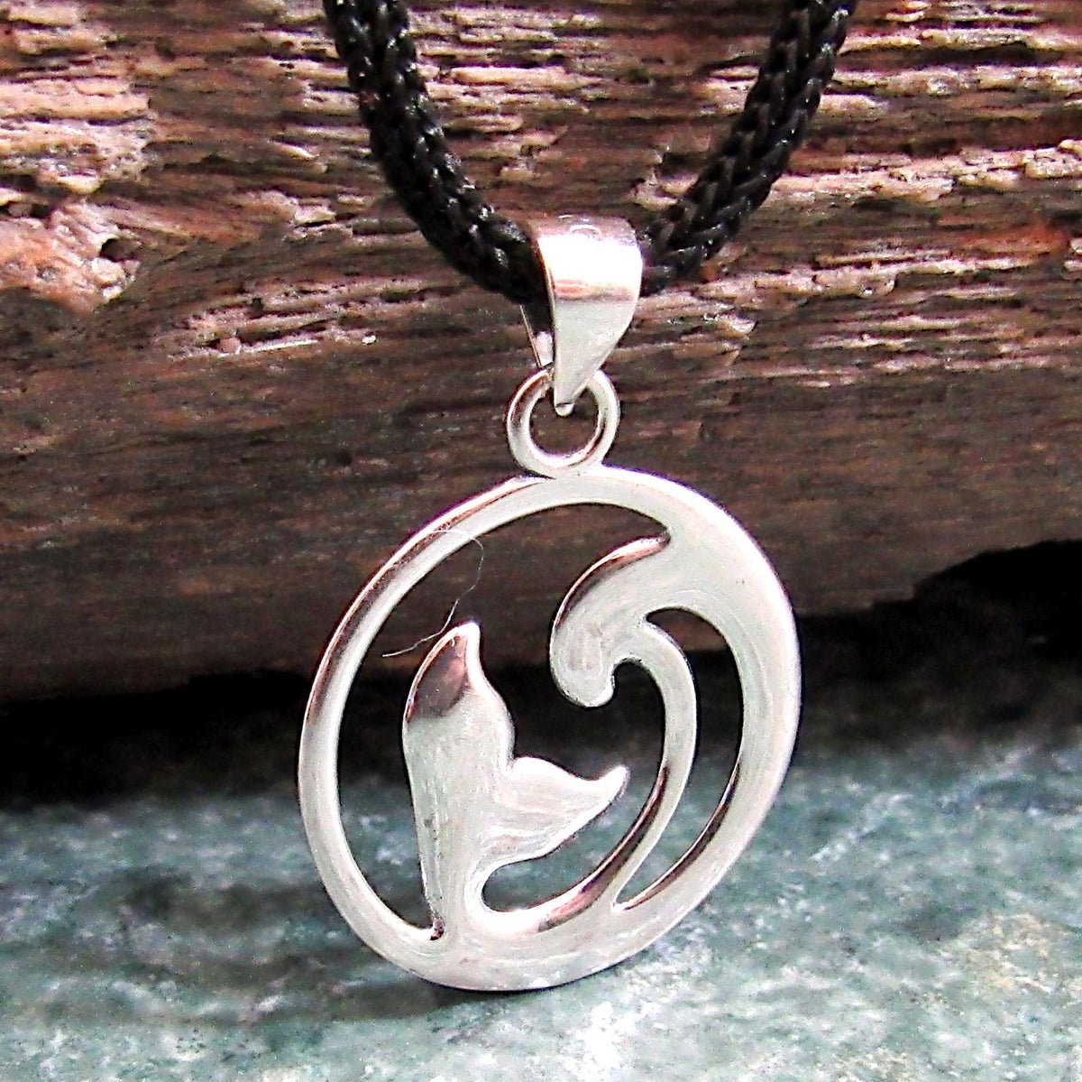 925 Whale Tail & Wave Pendant Necklace, Solid Sterling Silver Nautical Jewelry Charm
