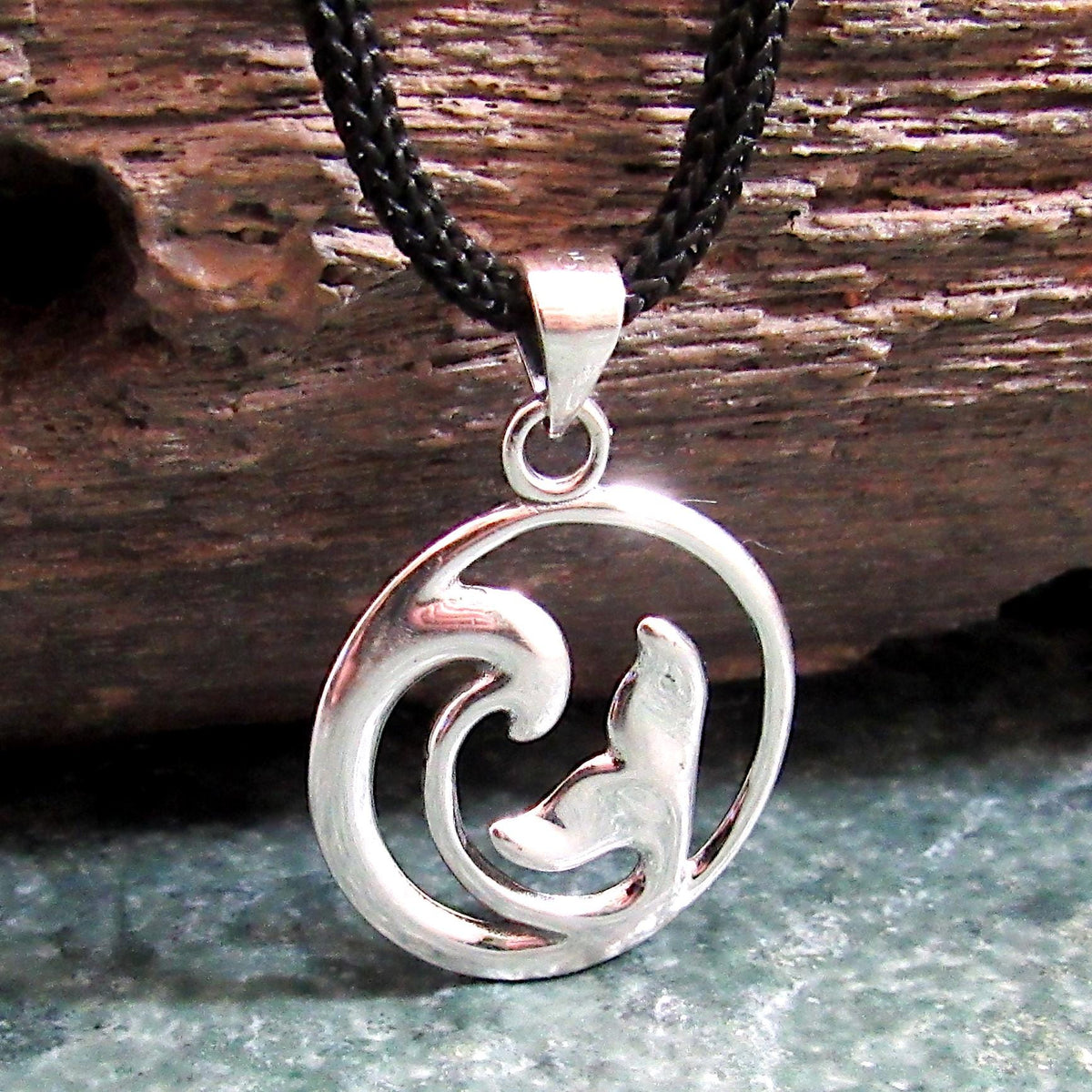 925 Whale Tail & Wave Pendant Necklace, Solid Sterling Silver Nautical Jewelry Charm