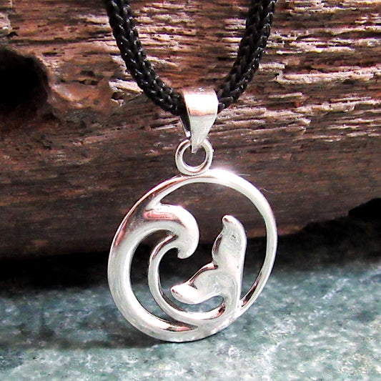 925 Whale Tail & Wave Pendant Necklace, Solid Sterling Silver Nautical Jewelry Charm
