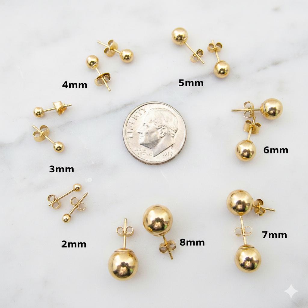 Solid 14k Yellow Gold Ball Stud Earrings – Round Spheres – 2mm 3mm 4mm 5mm 6mm 7mm 8mm – Minimalist Studs for Men & Women