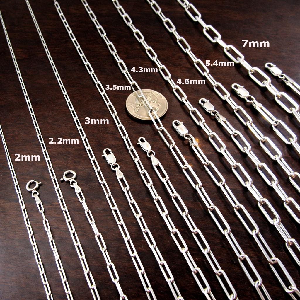 Solid 925 Sterling Silver Paperclip Chain, Italian Unisex Necklace / Bracelet for Men & Women, 2mm - 7mm, Elongated Rectangle Link Jewelry