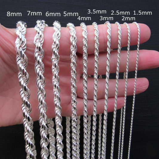 Solid 925 Sterling Silver Rope Chain, Italian Diamond Cut Necklace / Bracelet, Unisex Jewelry for Men and Women, Pendant Chain, 1.5mm–12mm