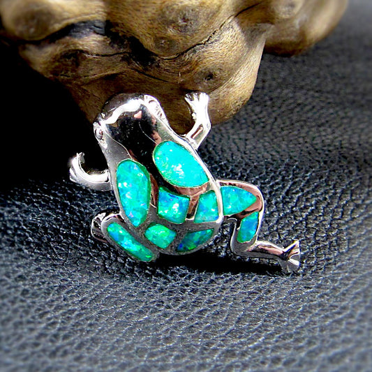 Solid 925 Sterling Silver Frog Pendant – Lab Created Opal Slide Charm - Nature Jewelry - Animal Necklace Charm - Elegant Gift for Her