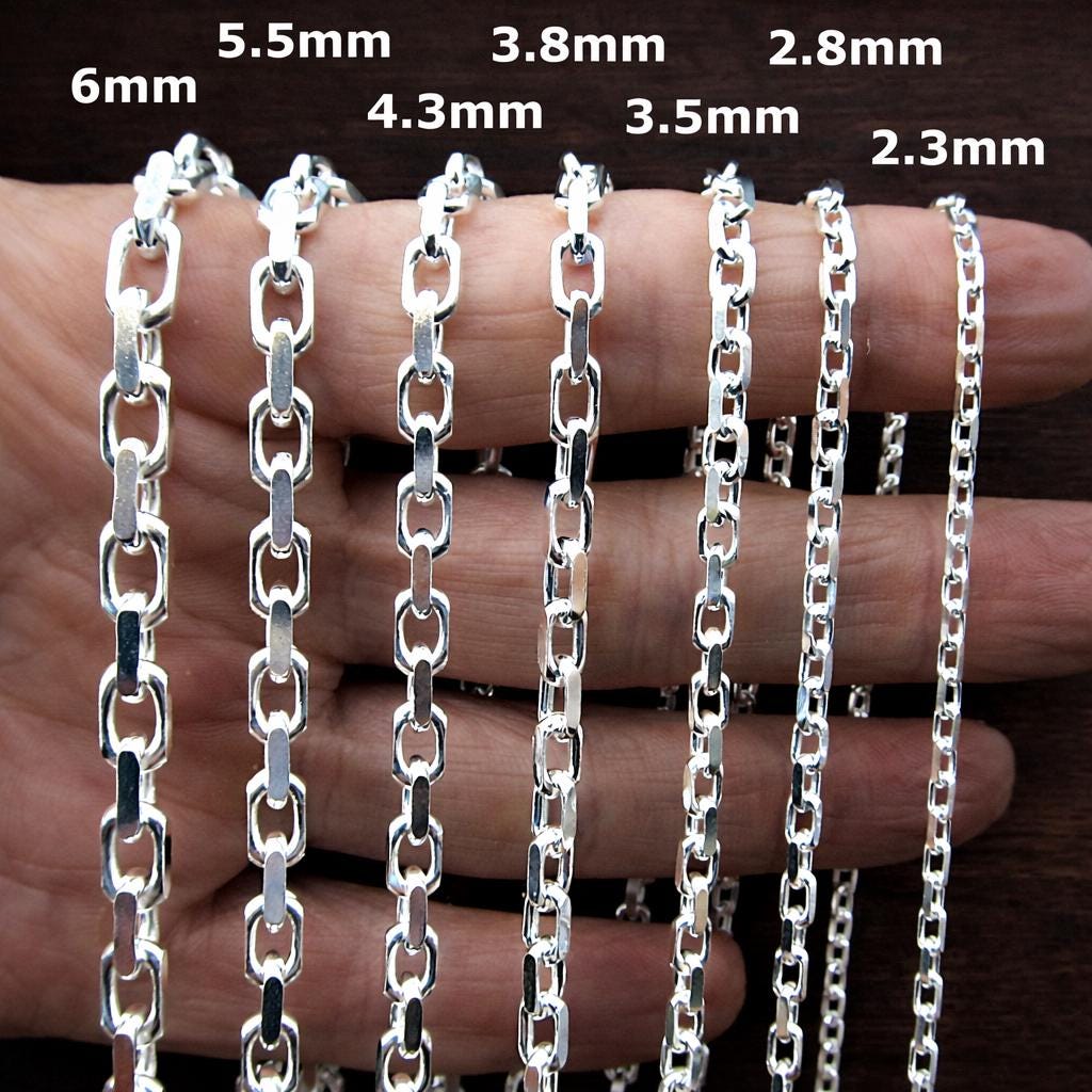 Solid 925 Sterling Silver Anchor Chain, Diamond Cut, Men's Nautical Cable Link Necklace or Bracelet, Made in Italy