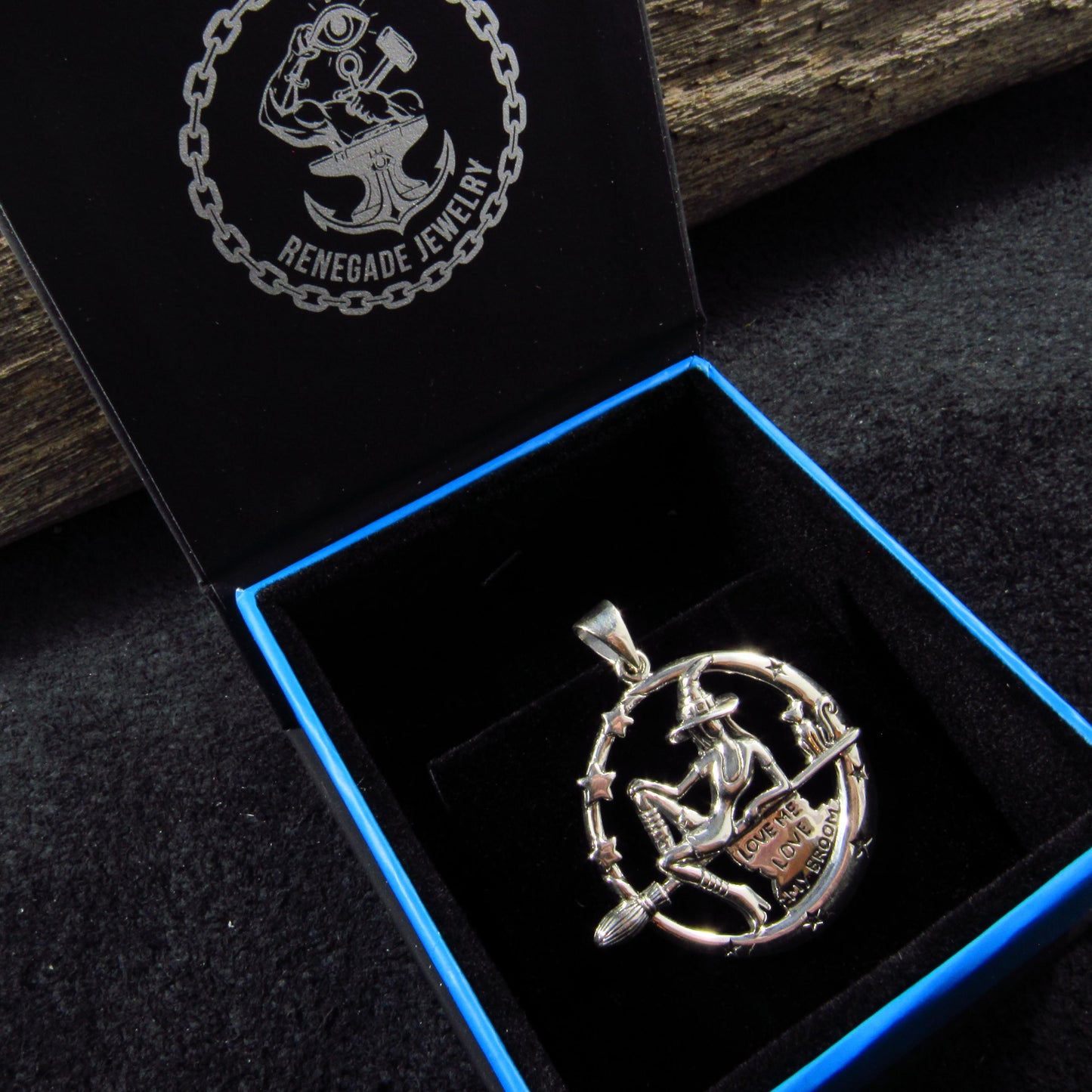 925 Sterling Silver Salem Witch on Broom with Black Cat Pendant – "Love Me Love My Broom"