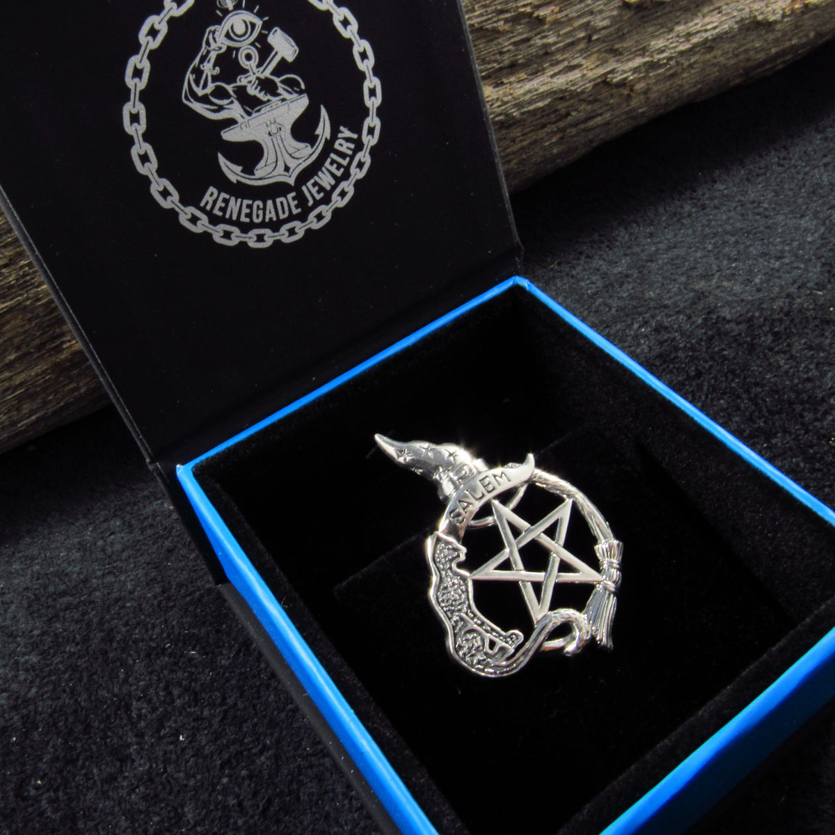 Solid 925 Sterling Silver Salem Witch & Cat Familiar Pentacle Pendant, Witchy Jewelry Amulet