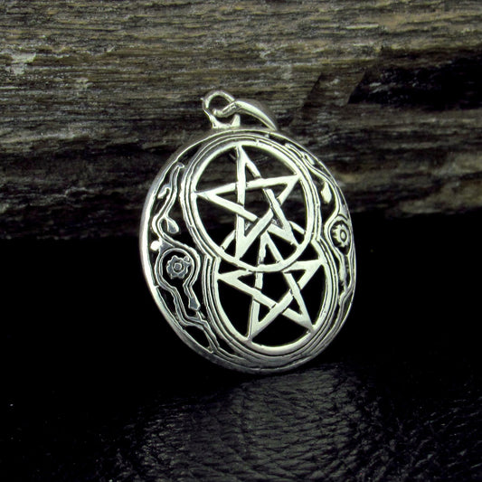 Solid 925 Sterling Silver Double Pentacle Pendant, Wiccan Protection Pentagram, Dual Star Talisman