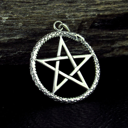 Solid 925 Sterling Silver Ouroboros Pentagram Pendant, Wiccan Protection Pentacle Amulet, Pagan Jewelry