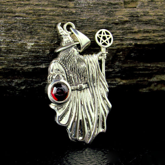 Solid 925 Sterling Silver Wizard Pentagram Pendant – Wiccan Amulet – Choose Amethyst, Garnet, Moonstone, Sapphire