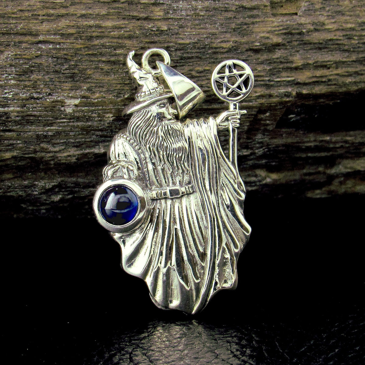 Solid 925 Sterling Silver Wizard Pentagram Pendant – Wiccan Amulet – Choose Amethyst, Garnet, Moonstone, Sapphire