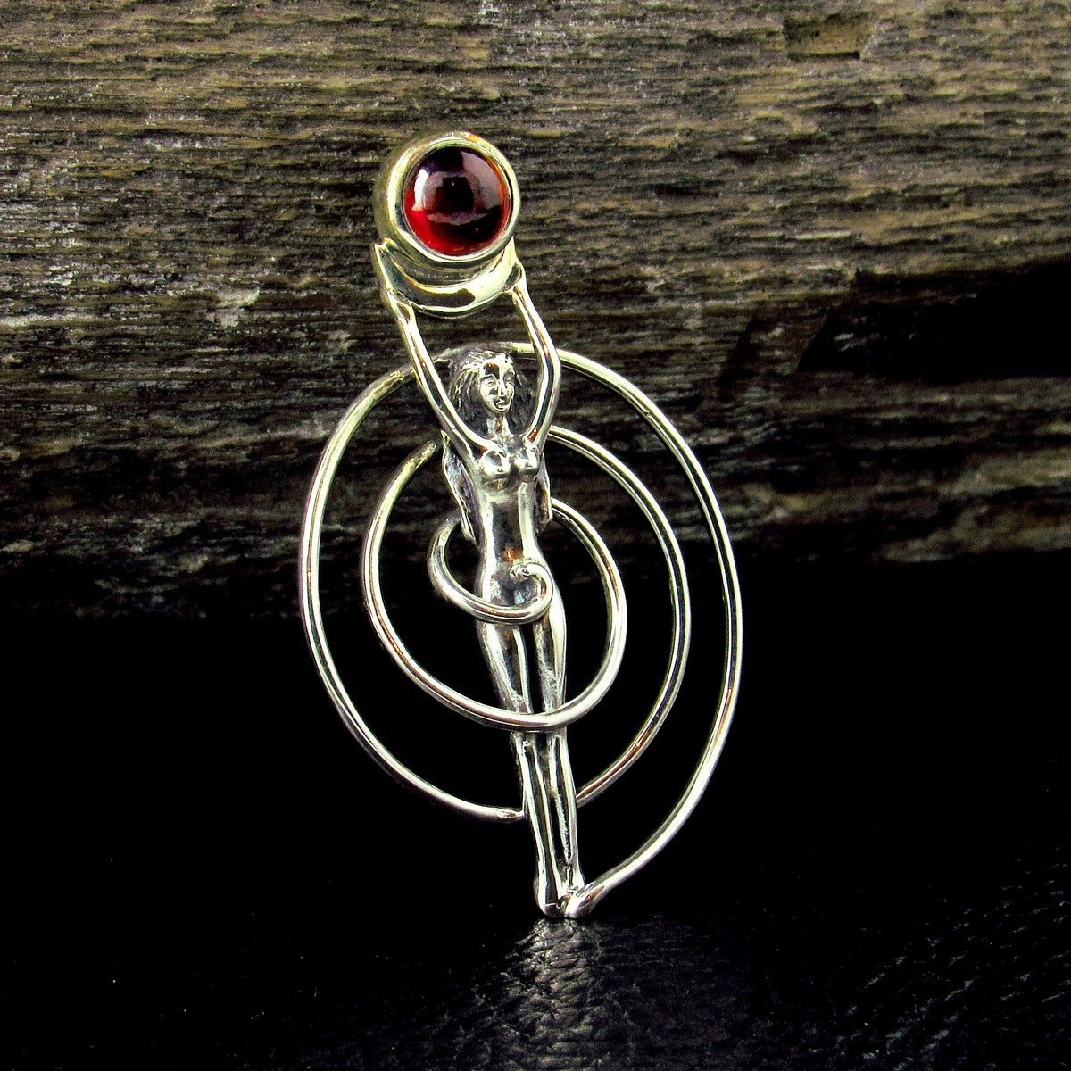 Solid 925 Sterling Silver Spiral Goddess Pendant – Fertility Goddess with Amethyst, Garnet, Moonstone, Topaz