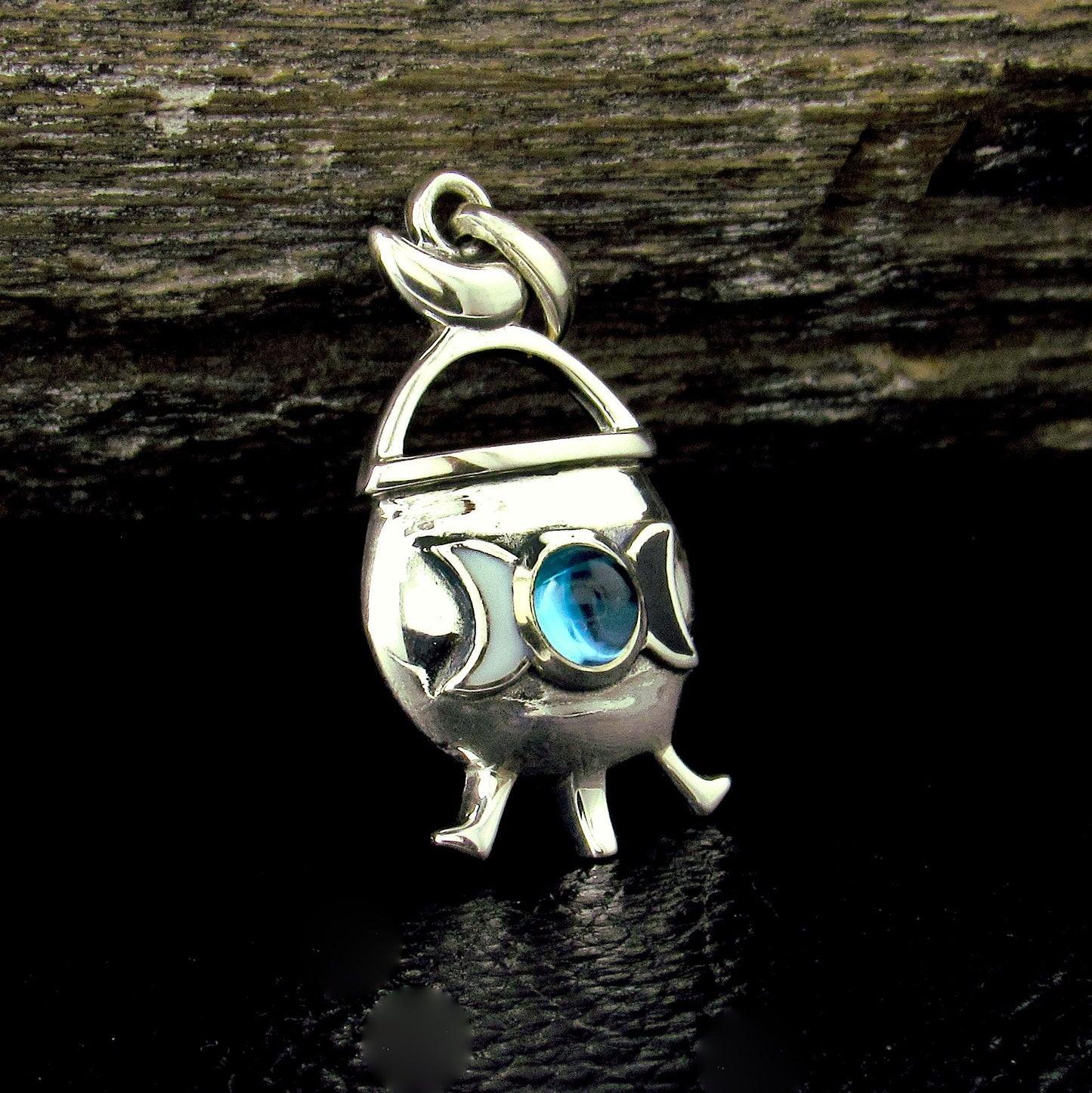 Solid 925 Sterling Silver Witch Cauldron Triple Moon Pendant, Choose Amethyst, Garnet, Moonstone, Topaz