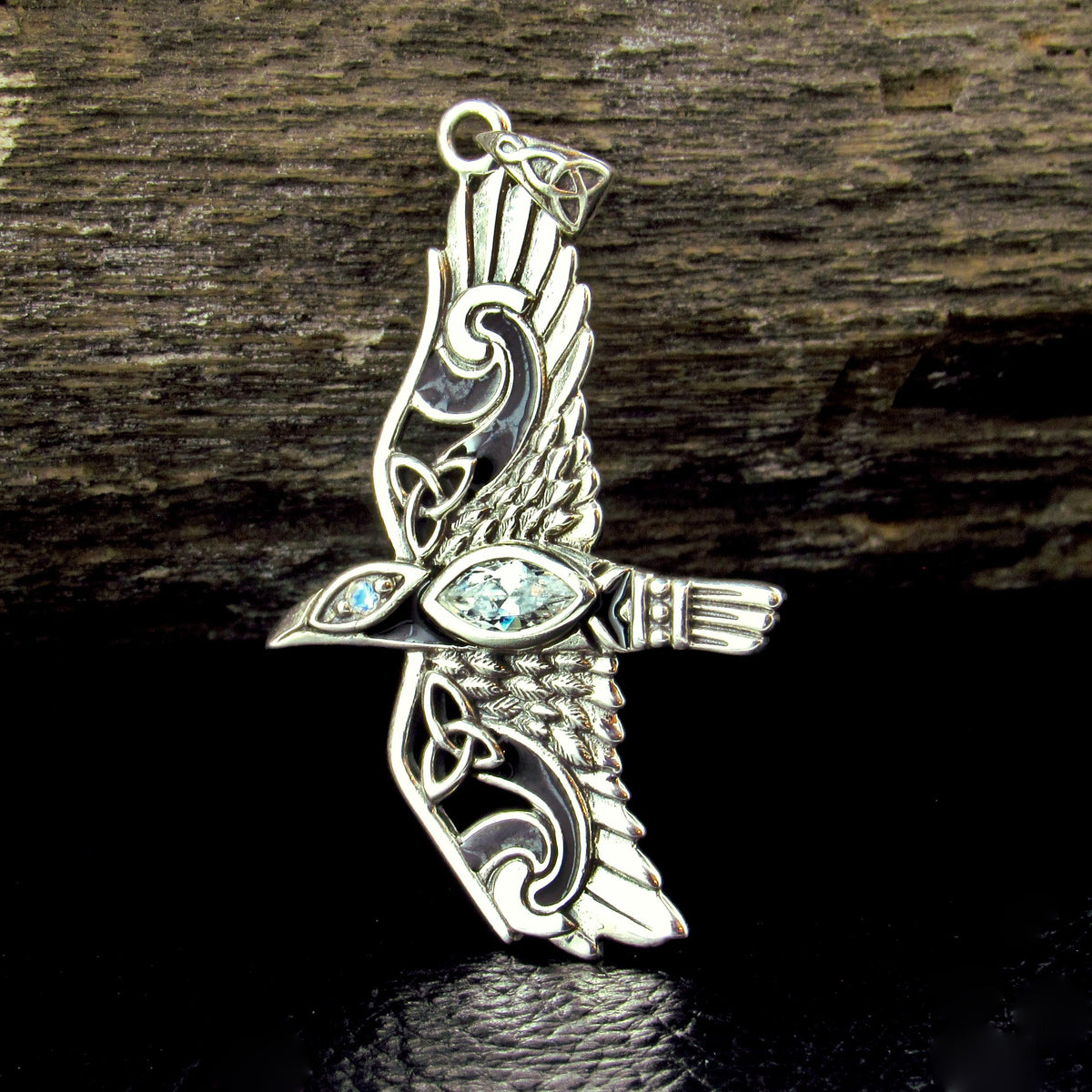 Solid 925 Sterling Silver Raven Pendant in Flight, Celtic Knot Bird with Faceted Gemstone – Amethyst Garnet Moonstone or Topaz