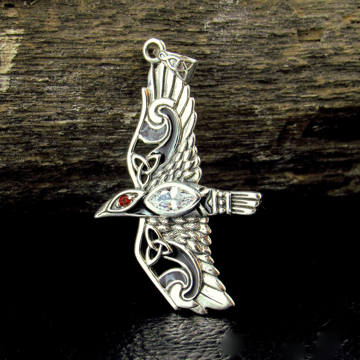 Solid 925 Sterling Silver Raven Pendant in Flight, Celtic Knot Bird with Faceted Gemstone – Amethyst Garnet Moonstone or Topaz