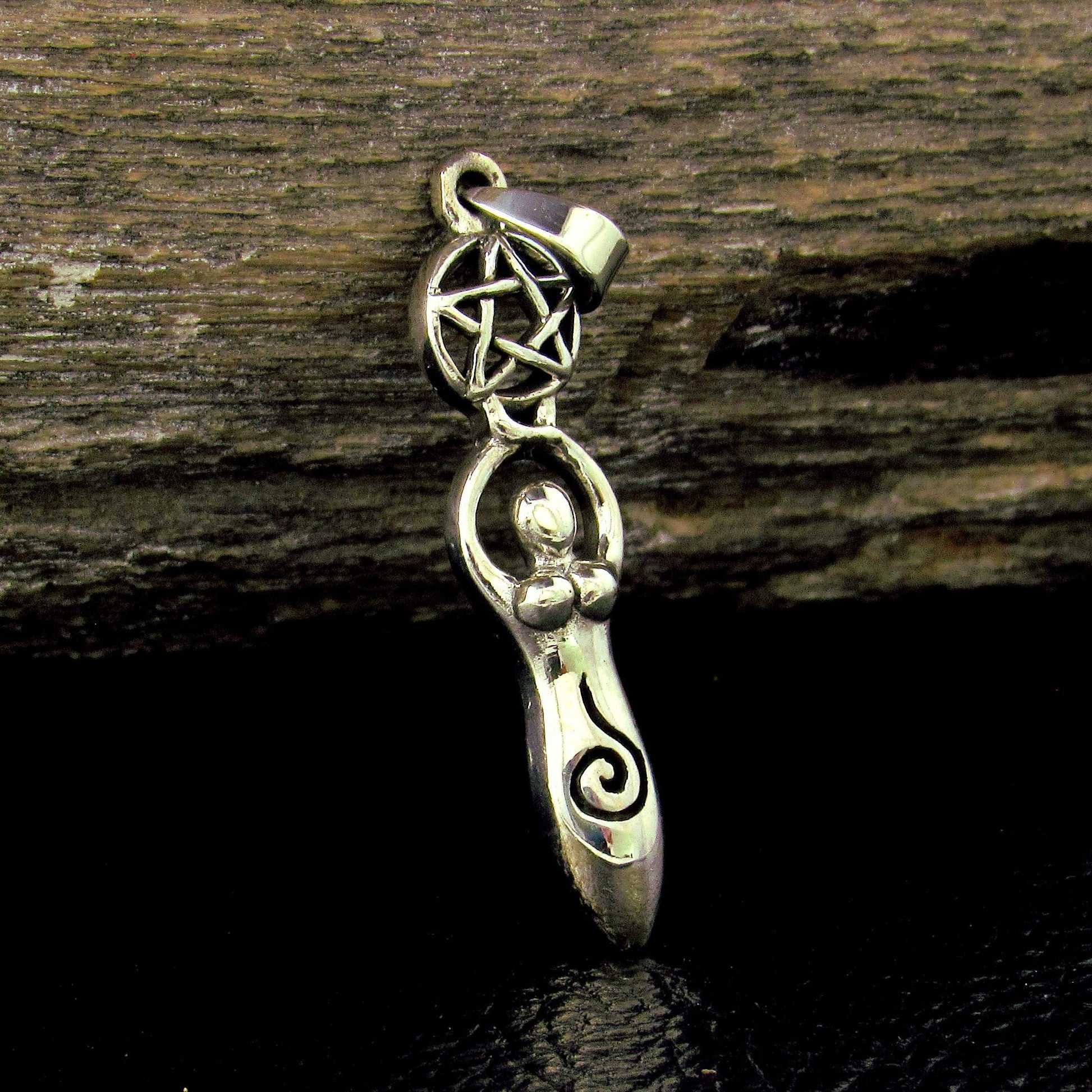 Solid 925 Sterling Silver Spiral Goddess Pentacle Pendant, Sacred Feminine Gaia Symbol