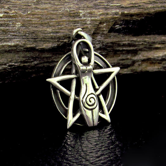 Solid 925 Sterling Silver Spiral Goddess Pentacle Pendant – Sacred Wiccan Protection Symbol, Pagan Jewelry