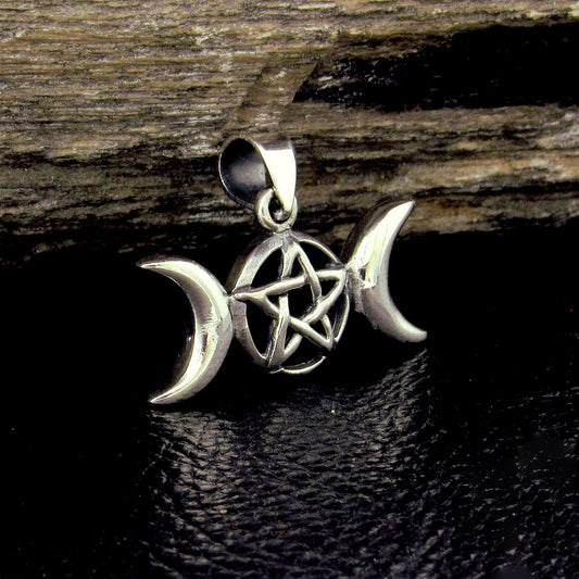 Solid 925 Sterling Silver Triple Moon Goddess Pendant with Pentagram – Moon Phases Pentacle