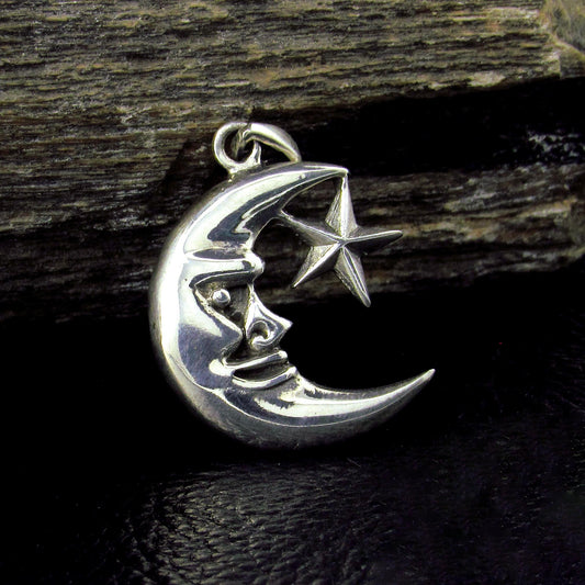 Solid 925 Sterling Silver Crescent Moon and Star Pendant, Gothic Celestial Amulet, Witchy Jewelry