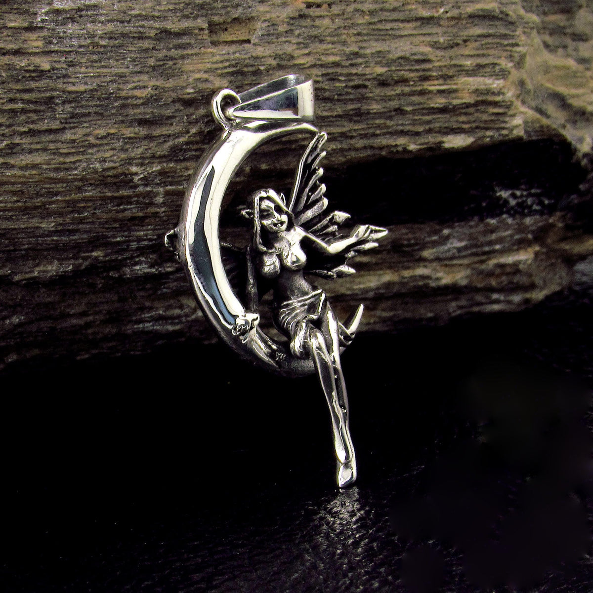 Solid 925 Sterling Silver Fairy on Crescent Moon Pendant, Magic Celestial Faerie Amulet
