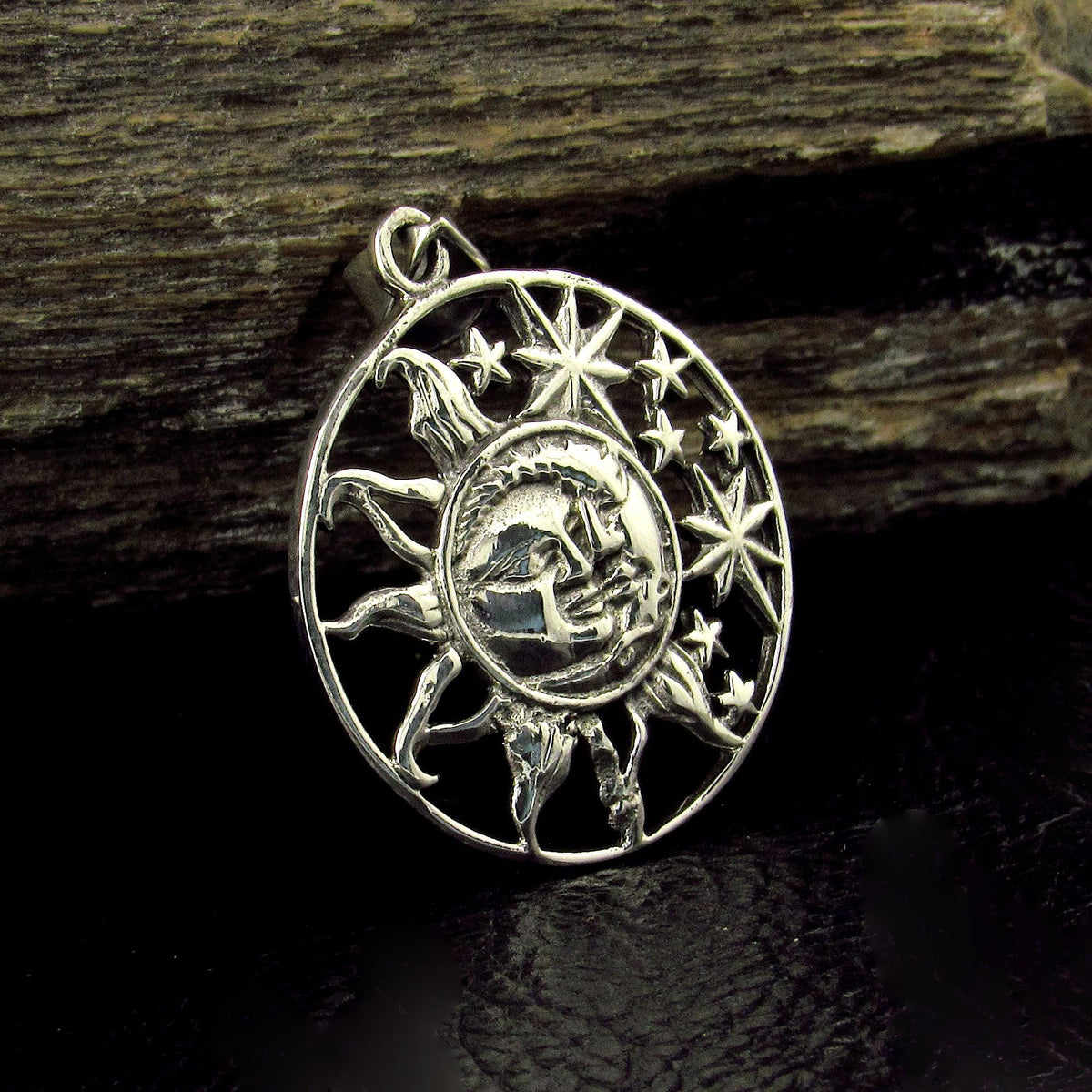 Solid 925 Sterling Silver Sun and Stars Pendant, Celestial Faces Amulet, Cosmic Talisman