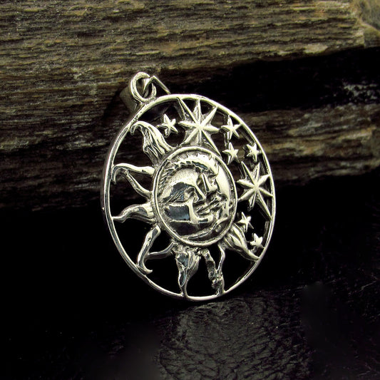 Solid 925 Sterling Silver Sun and Stars Pendant, Celestial Faces Amulet, Cosmic Talisman