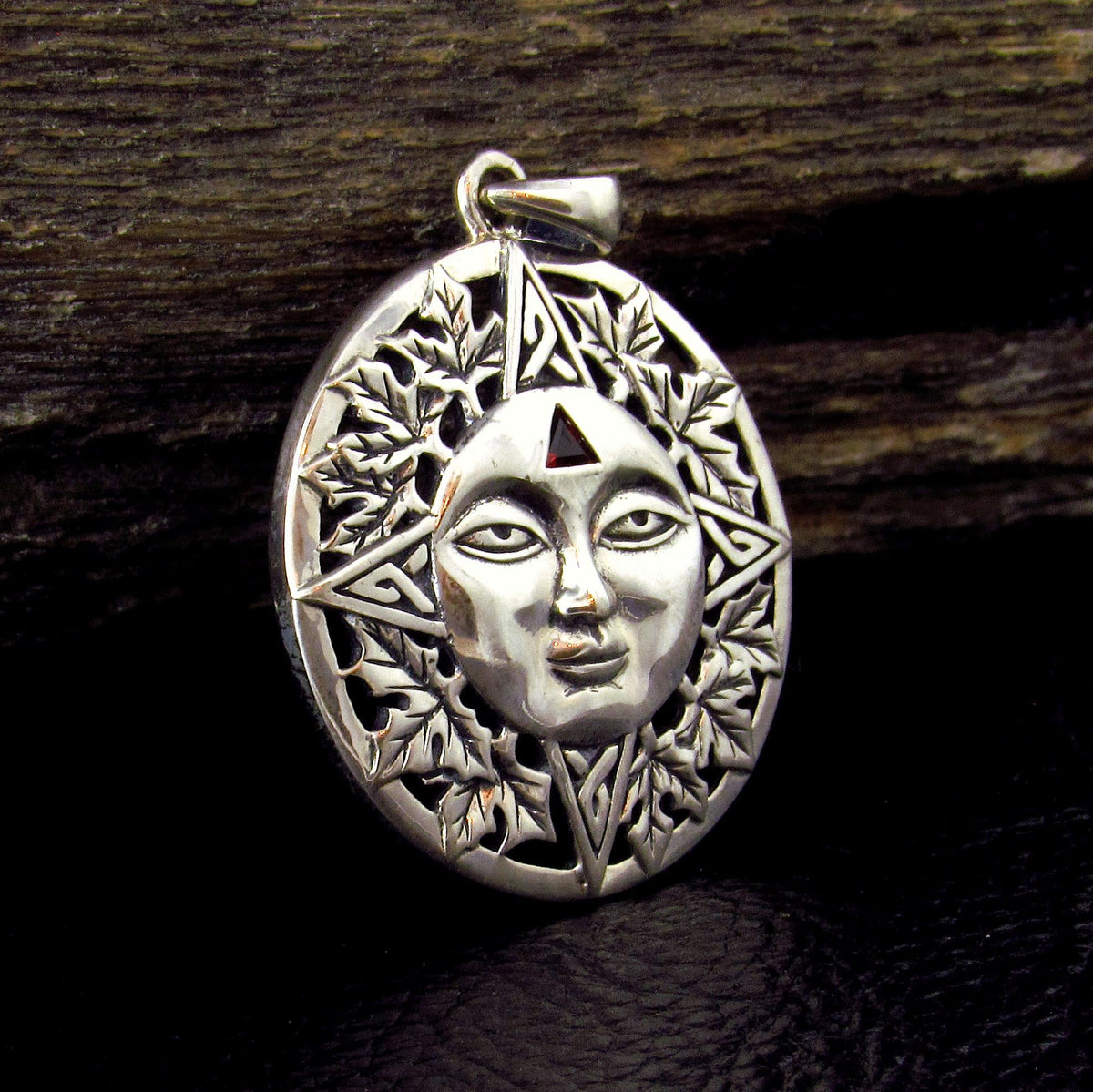 Solid 925 Sterling Silver Autumn Sun Face Pendant with Garnet, Celtic Leaf Solar Talisman