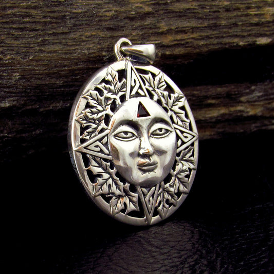 Solid 925 Sterling Silver Autumn Sun Face Pendant with Garnet, Celtic Leaf Solar Talisman