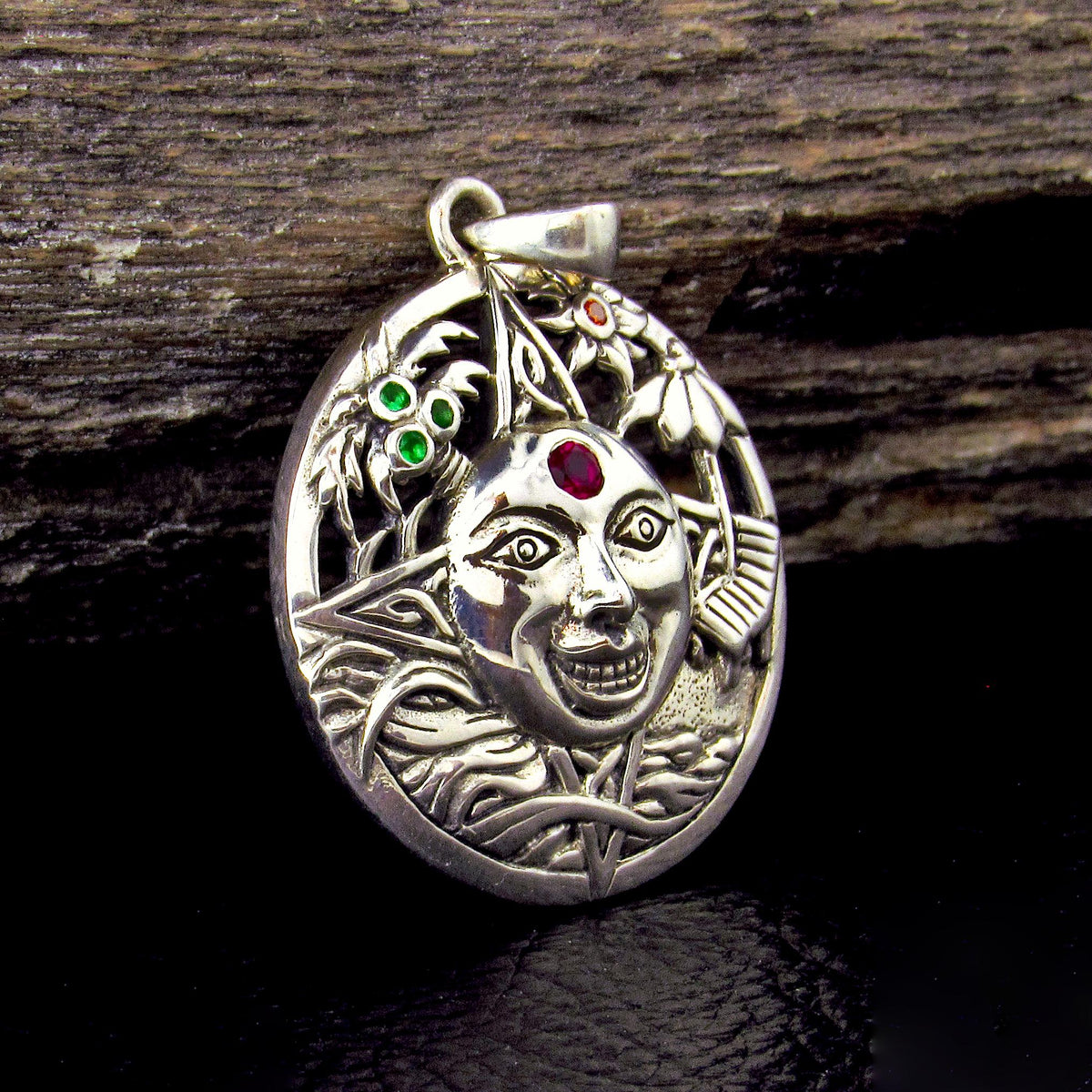 Solid 925 Sterling Silver Summer Sun Face Pendant with Ruby, Floral Solar Talisman