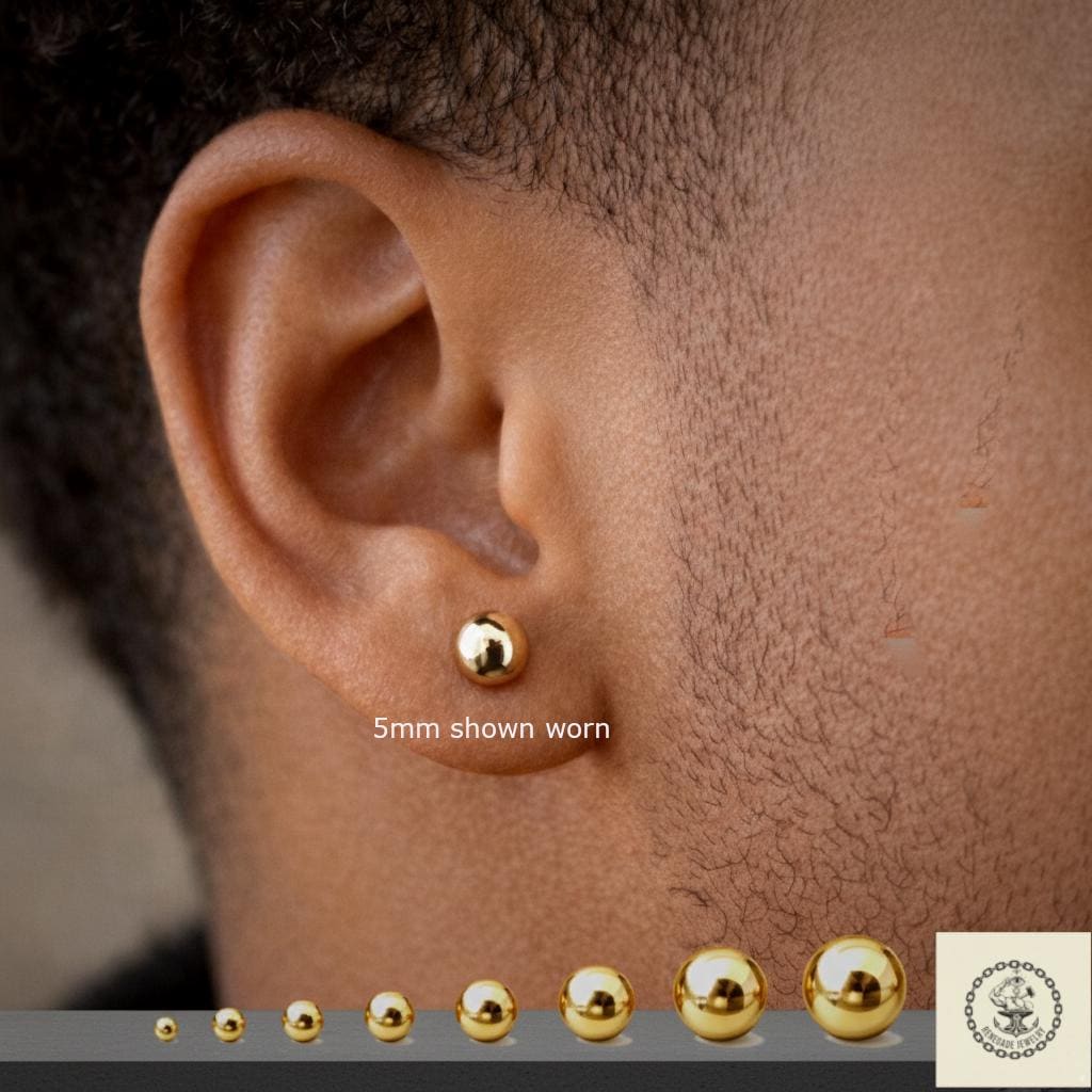 Solid 14k Yellow Gold Ball Stud Earrings – Round Spheres – 2mm 3mm 4mm 5mm 6mm 7mm 8mm – Minimalist Studs for Men & Women