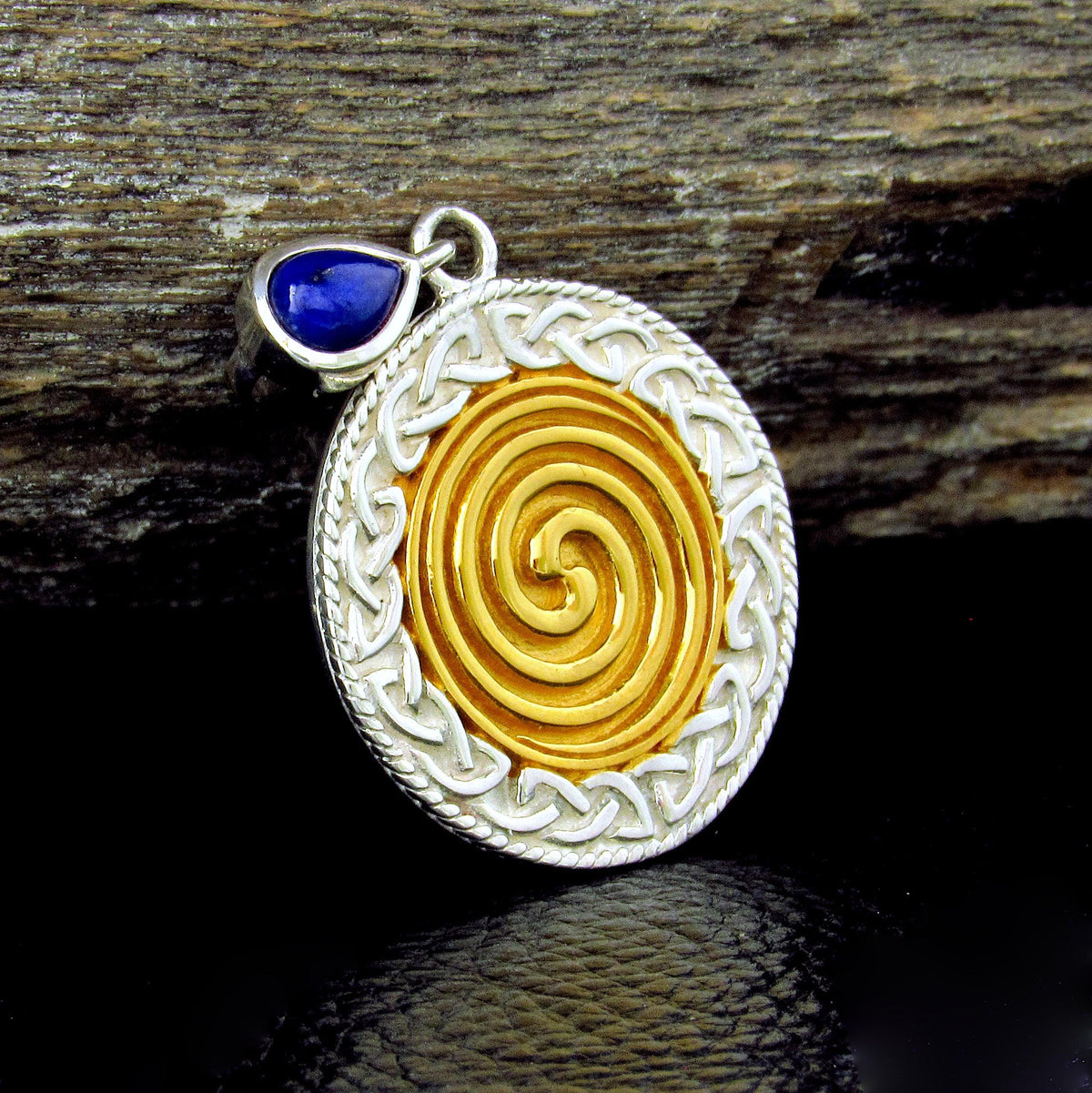 Solid 925 Sterling Silver & 18K Gold Celtic Spiral Pendant with Lapis Lazuli
