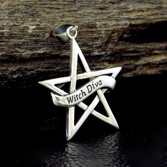 Solid 925 Sterling Silver Witch Diva Pentagram Pendant, Pagan / Wiccan Amulet, Gothic & Occult Jewelry