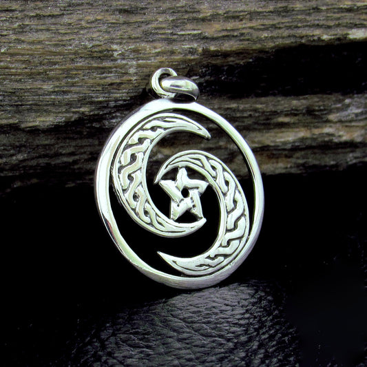 Solid 925 Sterling Silver Celtic Crescent Moon Pentacle Pendant, Wiccan Protection Amulet, Triple Goddess