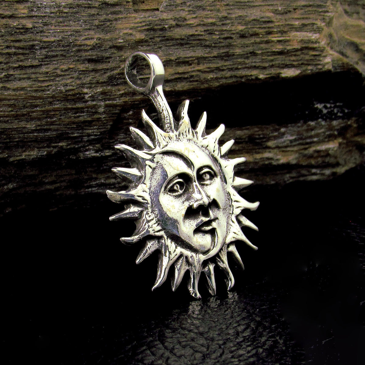 Solid 925 Sterling Silver Sun & Moon Faces Pendant – Celestial Necklace Amulet, Solar / Lunar Jewelry