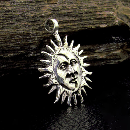 Solid 925 Sterling Silver Sun & Moon Faces Pendant – Celestial Necklace Amulet, Solar / Lunar Jewelry